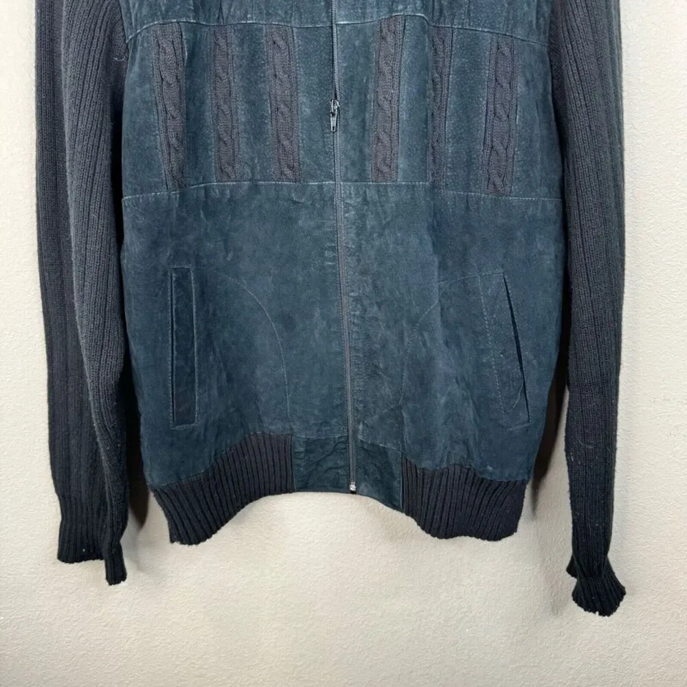 White Oak Mens Large Black Leather Knit Bomber Jacket 80s 90s‎ Grandpa Sweater